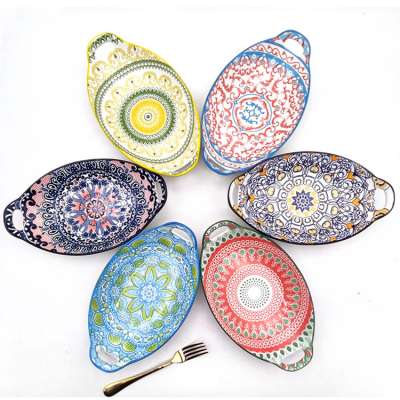 Bohemian moroccan style padprinting ceramic oval bakeware microwave baking tray with two handles home kitchen used  food safety