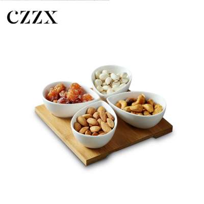 4 pieces new design snack candy porcelain dishes bowls set with wooden bamboo tray for party