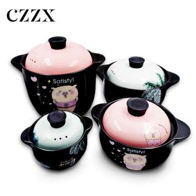 Chinese supplier black matte glazed elegant banana leaf cute pink pig multi-size multi-size ceramic casserole with two handle