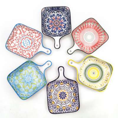 Bohemian style moroccan hot sale stock colorful padprintig ceramic square bakeware baking fried pans with handle for cooking