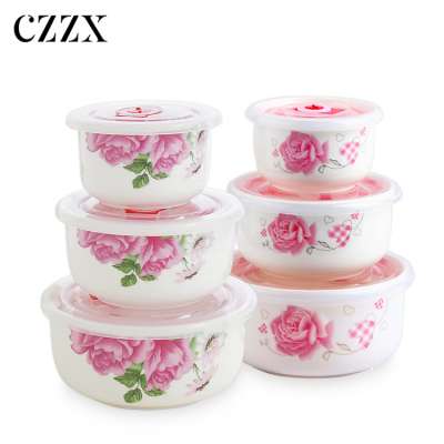 Custom printed 3 set of porcelain storage ceramic fresh bowls with airtight lid