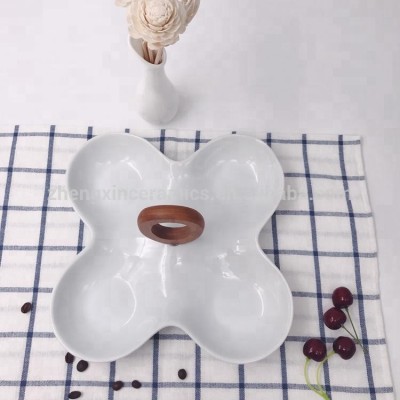 Wholesale hotel restaurant party food nut fruit snack candy dessert baby ceramic dish tray with bamboo handle