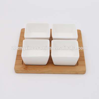 China supplier cheap four parts ceramic dishes with nice design wooden tray