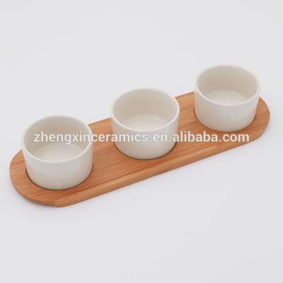 wholesale cheap white ceramic snack serving dishes with wooden tray for party