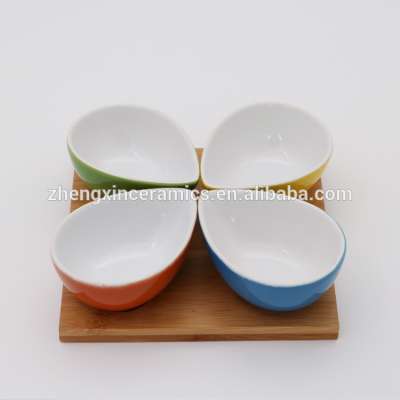 2018 new design teardrop shape four colorful dishes with wooden serving tray