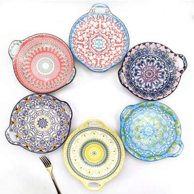 Bohemian style popular padprinting ceramic round baking dish bakeware with double handles moroccan plate for kitchen homewares