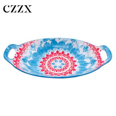 Good looking color printed oval shape porcelain deep plates bakeware baking tray with two ears handles